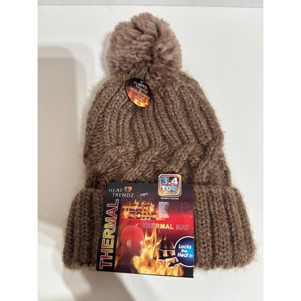 Heat Trendz Thermal Hat Women OS Brown NEW Heat Zone Cable Knit Beanie Pom Pom